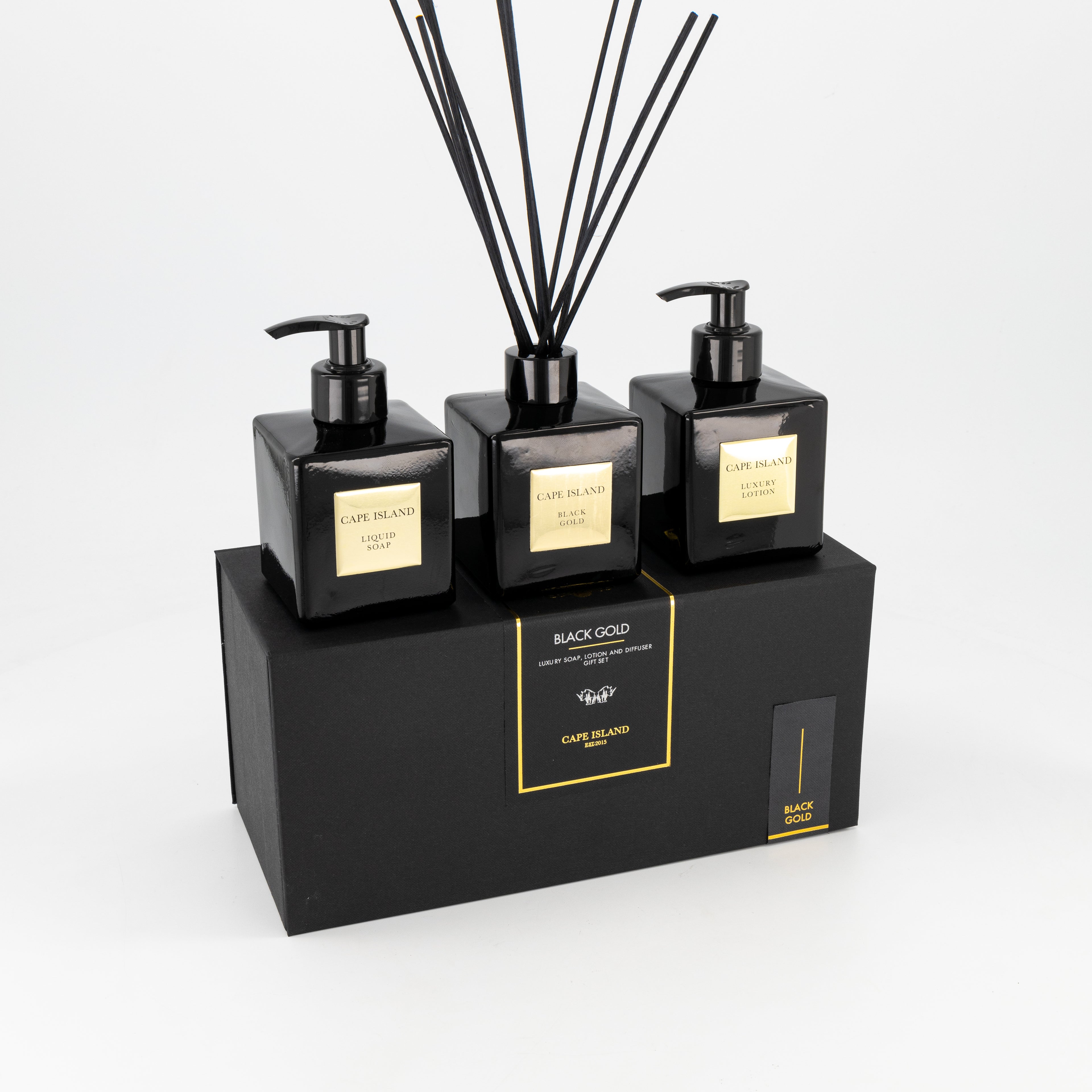 Cape islands black gold, luxury soap, dispenser and luxury lotion