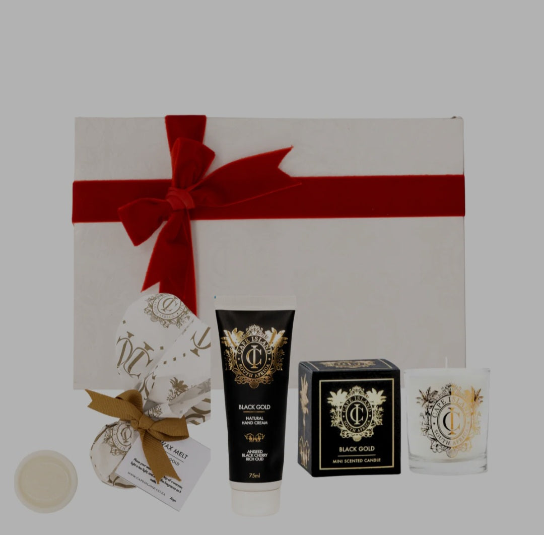 PETIT GIFT: Black Gold Votive candle; Hand Tube 75ml and perfumed wax melt