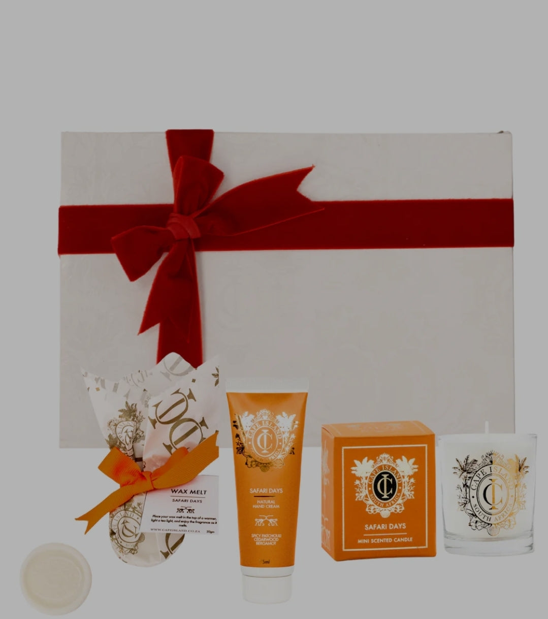 PETIT GIFT: Safari days candle; Hand Tube 75ml and perfumed wax melt